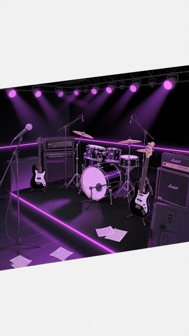 二次元，酒吧乐队，高级简约，细节丰富，紫黑色，氛围是魅惑、下沉，生成2张，不要人，4k预览效果