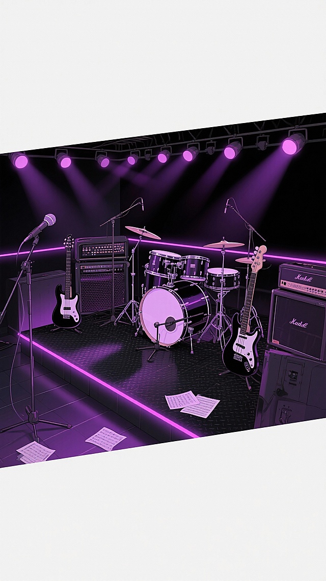 二次元，酒吧乐队，高级简约，细节丰富，紫黑色，氛围是魅惑、下沉，生成2张，不要人，4k
