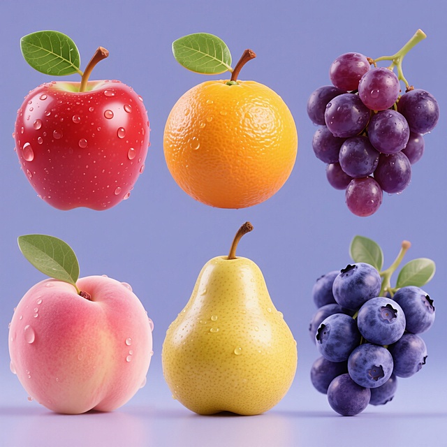 一组六个造型各异的写实风格水果系列素材集合，每个水果均保持圆润饱满的形态、表面带有细腻白色果点和晶莹水珠质感、顶部带有两片清晰叶脉的绿色叶片及棕色果柄的核心元素，背景为纯色；第一个是鲜亮的红色苹果，第二个是橙黄色的橘子，第三个是深紫色的葡萄串，第四个是金黄色的梨子，第五个是粉红色的桃子，第六个是蓝紫色的蓝莓簇，所有水果均采用高分辨率摄影级光影效果，呈现出逼真的光泽和立体感，整体以2x3网格形式规整排布在画面中，色彩鲜艳明快，构图均衡统一。