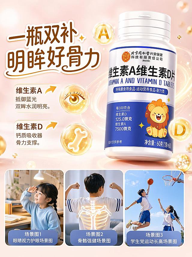 背景色：温柔的香槟粉渐变。画面：产品图居中偏右（近景呈现，缩短心理距离），瓶身加光影效果，旁边漂浮着维生素A（眼睛元素）和D（骨骼元素）的抽象金色光点。核心文案：一瓶双补  明眸好骨力，副标题（功能细化）：维生素A → 抵御蓝光 双眸水润明亮。维生素D  → 钙质吸收器  骨力支撑。选主标题字体设计需秀气圆润，底部生成3张场景图，规格400*400。场景图1：眼睛视力护眼场景图。场景图2：骨骼强健场景图。场景图3： 学生党运动长高场景图