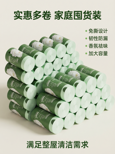 [主图 5] 囤货套装展示图
[主图主题]多卷组合装实惠囤货推荐
[氛围/风格]简约整齐，量大实惠，干净整洁
[画面元素]用户提供的山茶花垃圾袋多卷整齐堆叠排列，展示整组套装，满满量感，背景浅干净米白预览效果