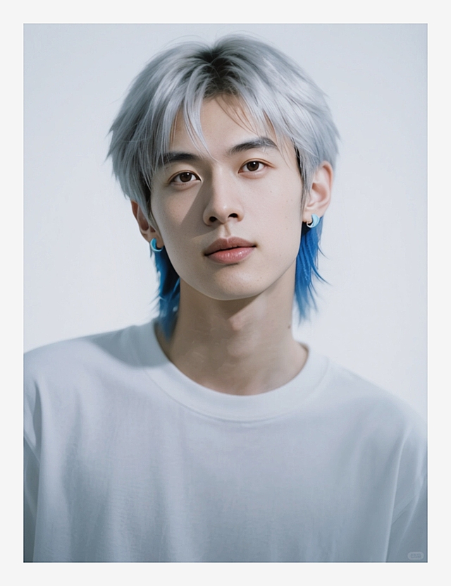 一个男生，狼尾短发，上半部分银色+下半部分蓝色头发；戴浅蓝色耳钉，穿白色T恤