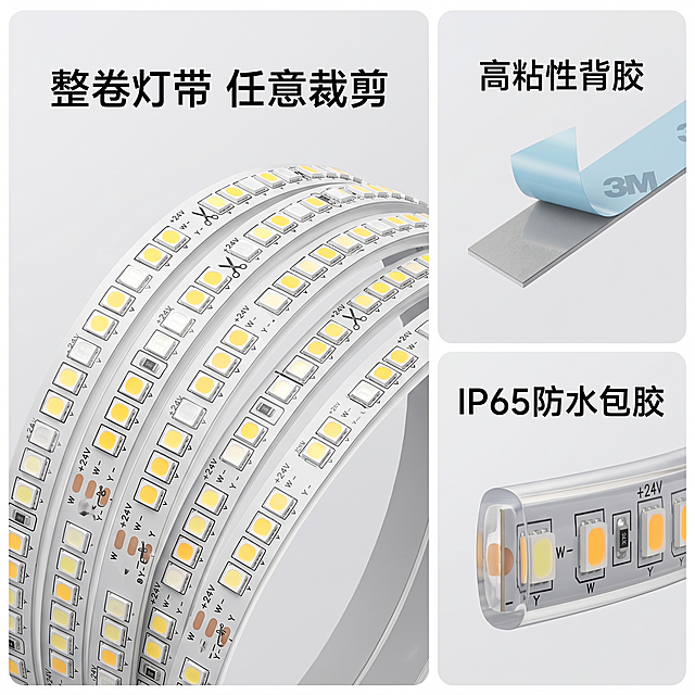 [主图-3] 米家智能三色变光LED灯带结构功能展示
[氛围风格] 专业科技质感，突出产品结构优势
[画质] 商业摄影质感、光线柔和通透、产品清晰真实、画面干净高级
[元素] 保持灯带剪切口、背胶、防水包胶、电源接口的结构与输入产品图一致，杜绝变形色差。采用左大右双小拼图版式，左侧大模块展示整卷灯带展开效果，右侧两个小模块分别展示：1.背胶撕开细节 2.防水包胶侧边截面。保持产品外观和材质真实，每个模块只展示一个卖点，画面干净不拥挤。
[光影] 均匀柔光，每个模块光照一致，结构细节清晰可见，无死黑无过曝
[配色] 浅灰色渐变背景，突出灯带银灰色PCB和暖黄灯珠
[视角构图] 每个模块均为平视特写，拼图块带极浅圆角，整体1:1满版构图
[文字版式] 每个模块上方标注对应卖点标题：左侧大标题「整卷灯带 任意裁剪」，右侧上「高粘性背胶」，右侧下「IP65防水包胶」。标题短促有力，黑色清晰不遮挡产品
[比例分辨率] 1:1比例，2K分辨率，文字清晰可辨，超高清
[负向提示词] 变形，水印，文字错乱，产品图模糊，背景杂乱，拼图倾斜