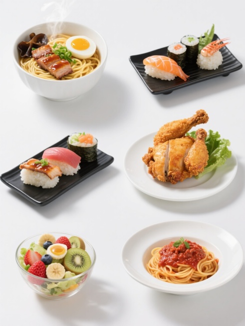 一张高质量餐饮系列素材集合海报，采用纯白色纯色背景，6个规整排布的独立食品展示区域，每个区域均为高清晰、极致写实风格的餐饮元素特写，光线明亮柔和，主光源来自左上方，呈现出自然的高光和细腻阴影，色彩鲜艳饱满且真实，食物质感细节丰富（如食材纹理、酱汁光泽、新鲜度表现）。第一个区域是一碗热气腾腾的日式叉烧拉面，白色瓷碗中装着金黄的面条、几片油亮的叉烧肉、半个溏心蛋、翠绿的葱花和深色的木耳；第二个区域……预览效果