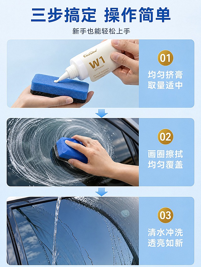 [商品] 使用【图1】Cheyunhui W1 GANGMAN白色尖嘴塑料瓶油膜研磨剂；保留白色尖嘴瓶盖、圆柱形瓶身、金色Cheyunhui Logo、金色W1 GANGMAN大字、金色OIL FILM REMOVER GRINDING AGENT小字、150g金色字样；瓶身文字清晰化，不改变内容和颜色。搭配蓝黑双面海绵擦。
[画面] 页面目标：操作步骤演示，展示3步使用流程。构图：上中下三步流程型，从上到下依次排列3个步骤，每步配操作图和说明。第1步「挤」：一只手托住蓝黑双面海绵擦，另一只手握白色尖嘴瓶，将白色膏体挤在海绵擦上，背景浅蓝渐变；第2步「擦」：双手持海绵擦在汽车玻璃上画圈擦拭，玻璃上有白色膏体泡沫，背景是汽车玻璃局部；第3步「冲」：清水冲洗玻璃，水流顺着干净的玻璃流下，玻璃透亮清澈。三步之间有浅蓝色箭头连接向下。画面顶部有标题区。景别：中近景操作特写。
[视觉] 套系策略：风格=写实高清操作演示摄影；标题字=现代无衬线粗黑体；正文字=简洁无衬线体；主色=浅天蓝；背景延展=基于浅天蓝做三步统一的渐变背景，每步背景色深浅递进；强调色=金色，仅用于步骤编号和小面积点缀；标题色=深天蓝；正文色=中灰蓝；组件=圆形步骤编号、向下箭头、圆角说明卡；光影=柔和自然光，手部动作自然，产品质感真实，每步光线统一。
[文字] 画面顶部居中主标题「三步搞定 操作简单」，深天蓝粗体大字；下方副标题「新手也能轻松上手」，中灰蓝。每步左侧有金色圆形步骤编号「01/02/03」，右侧浅蓝色圆角卡内白字说明：01「均匀挤膏 取量适中」、02「画圈擦拭 均匀覆盖」、03「清水冲洗 透亮如新」。文字全部横排。
[规格] 图片比例3:4竖版，2K分辨率。负向提示：水印，多余文字，变形，扭曲，模糊，低分辨率，脏污，卡通，插画，手绘，人物面部，多余物体，产品瓶身变形，文字错位，手指畸形，手部穿模，绝对化用语。