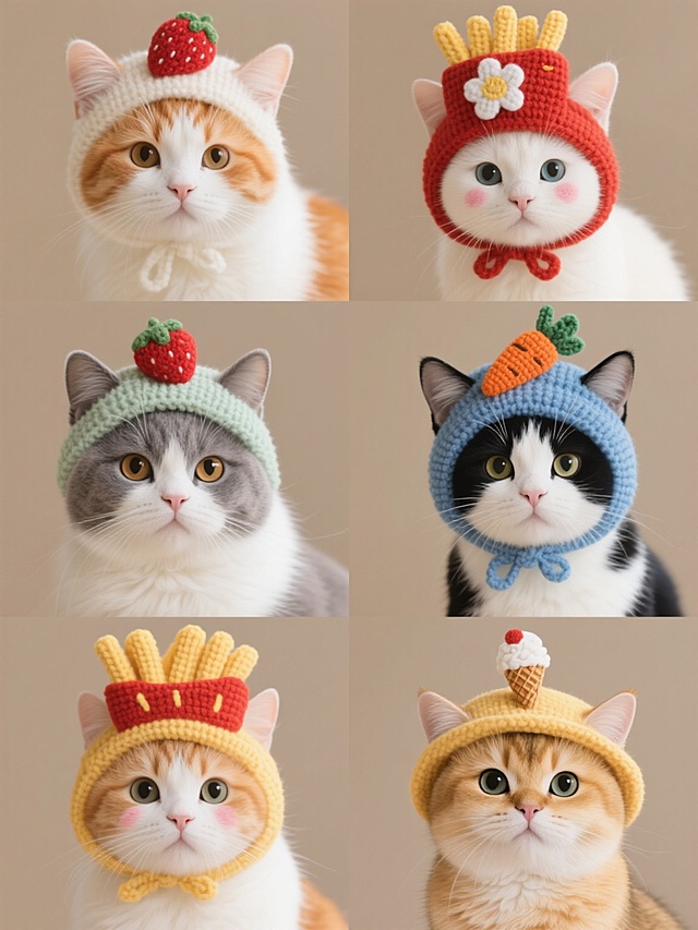 一组6只不同品种猫咪的集合素材，每只猫咪佩戴风格统一但配色各异的手工针织创意帽子，背景为纯色且每只猫咪对应不同颜色，整体采用温暖治愈的摄影风格，光线柔和均匀，猫咪表情呆萌可爱，面部带有自然腮红，画面清晰细腻，6只猫咪呈规整网格状排布，品种包含橘白田园猫、三花布偶猫、灰色英短猫、奶牛猫、蓝白曼基康猫和金渐层猫，帽子设计分别融入薯条、草莓、星星、花朵、胡萝卜和冰淇淋元素，色彩搭配明快协调，整体构图平衡对称，适合作为可爱主题的装饰素材使用。