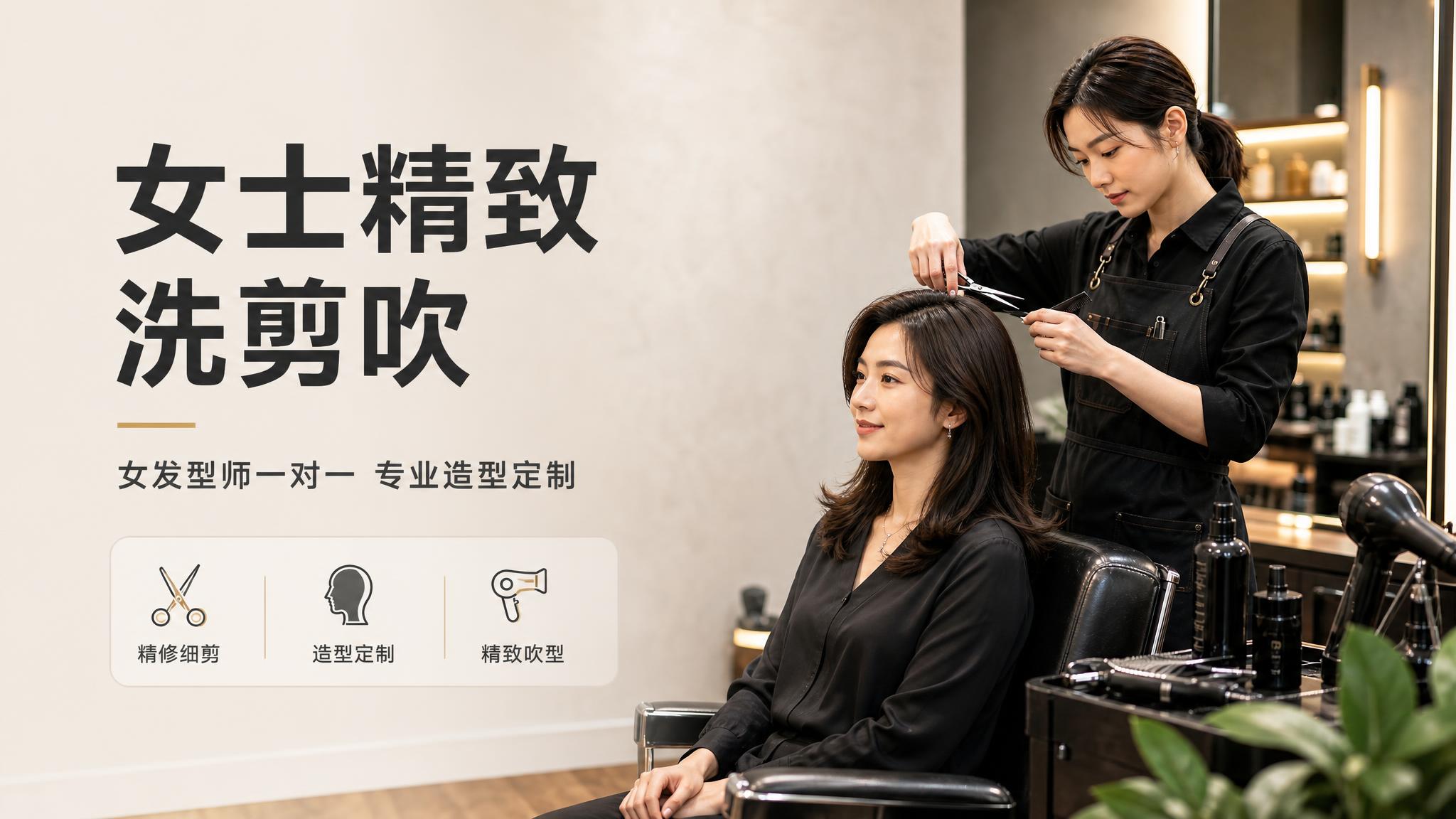 [商品] 女士精致洗剪吹到店服务；使用【图1】女发型师为顾客修… - 图片创意预览