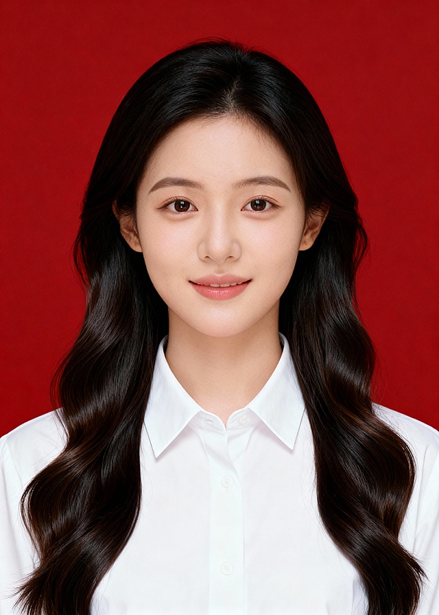 简约正式白色衬衫女生红底证件照