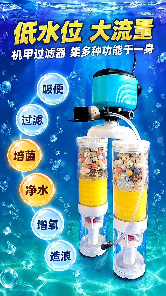 第一张图是详情页风格参考，第二张图是我方产品。参考其“功能气泡”结构，但重新设计色调与排版。深紫蓝到青绿的水下渐变背景，大量水泡与光斑。顶部黄色粗体大字“低水位 大流量”，副标题白字“机甲过滤器 集多种功能于一身”。画面右侧展示我方产品，严格保持原样：蓝色顶盖泵体、白色双透明滤筒内含白色生化球与黄色滤棉、白色底座、黑色卡扣与透明水管。左侧与下方环绕多个圆形气泡，气泡内文字依次为“吸便”“过滤”“培菌”“净水”“增氧”“造浪”，其中“净水”“培菌”用橙金色气泡突出。整体清爽有科技感。竖版9:16比例，4K高清。