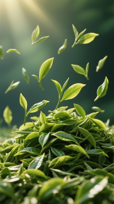 一堆新鲜翠绿的茶叶，茶叶堆表面有许多嫩绿的茶叶叶片正轻盈地向上扬起、悬浮、飘落，形成动态的飞舞效果。画面整体采用写实风格，以不同深浅的绿色为主色调，营造出清新自然的氛围。光线从画面斜上方以柔和的金色阳光照射下来，在茶叶堆上形成明亮的高光区域和清晰的阴影层次，叶片边缘被阳光勾勒出淡淡的金色轮廓，背景为深绿色的模糊渐变，突出前景茶叶的细节和立体感，整体画面层次分明，质感细腻，展现出茶叶的新鲜与生机。预览效果