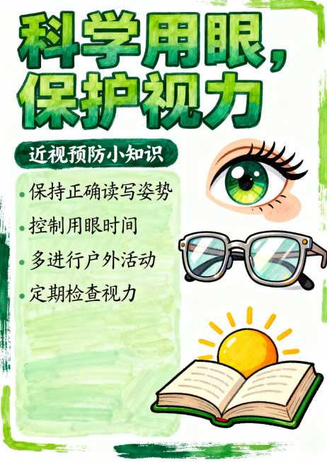 "科学用眼，保护视力"防近视主题手抄报，A4竖版尺寸，马克笔手绘风格，包含近视预防小知识文字板块，加入大眼睛、眼镜、书本太阳卡通插画，绿色健康配色，清晰排版适合学生作业预览效果