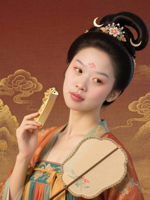 人物梳着唐代发髻，额间画花钿，画弯弯的月棱眉、搭配唐朝小唇妆，眼侧腮红，加上插梳金饰，身穿色彩鲜艳的唐朝女仕服装，手上拿着扇子，古风影视海报质感，暖棕红渐变背景，鎏金山水云纹，整体是浓郁的盛唐气息预览效果