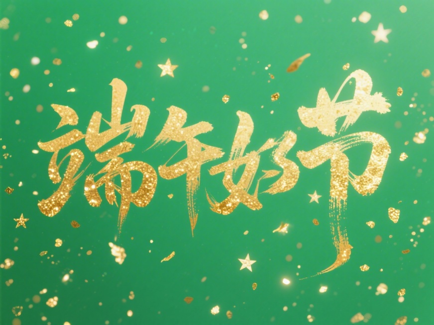 文案“端午节”，金色字体，绿色背景，洒金。绿金配色预览效果