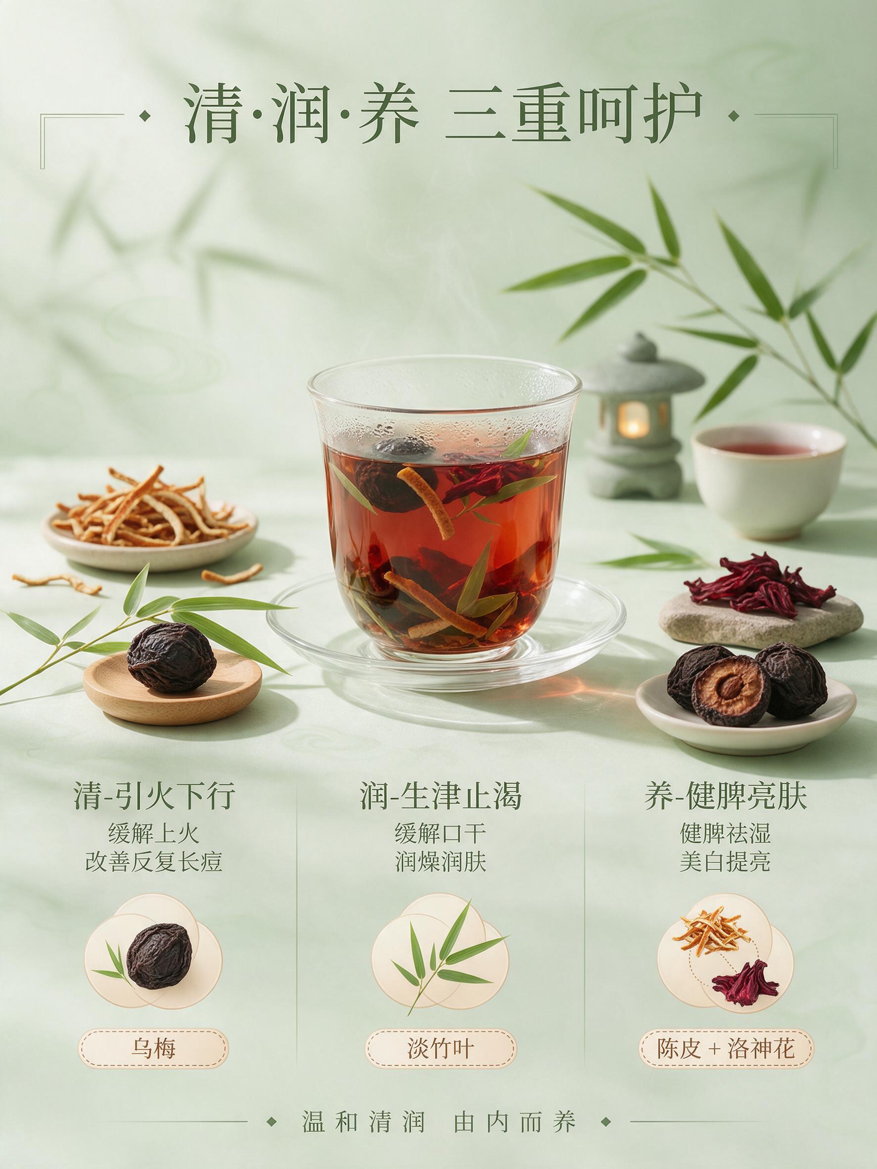 小红书养生茶商品详情图，核心功效篇。清新淡绿色背景，中央一杯泡… - 图片创意预览