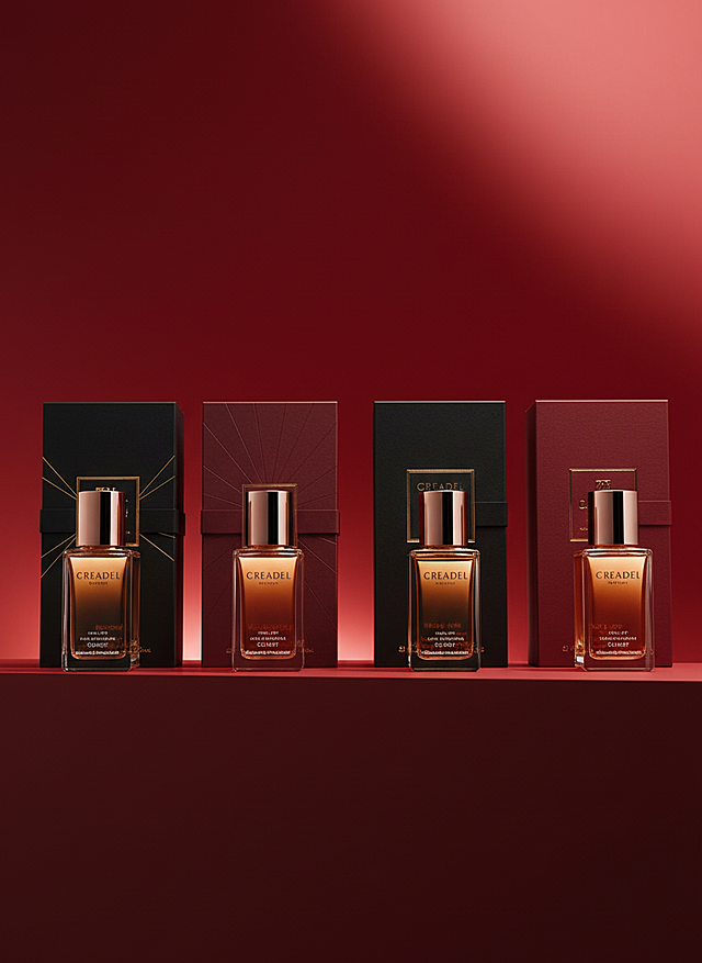 以图中的产品为元素，设计一套四款包装盒，产品正放在包装盒旁边，包装盒和产品都立在桌子上，画面高级红调为主，纯色背景，高级质感。