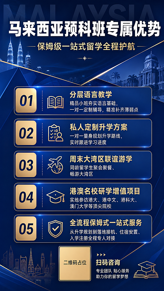 一张留学预科班招生海报，竖版9:16比例，深蓝高端商务风格。深藏青深蓝渐变背景，几何斜切分割，米金色关键词高亮，高端稀缺感。画面顶部大主标题："马来西亚预科班专属优势"，白色粗体大字，配米金色副标题："保姆级一站式留学全程护航"。中部为5大优势模块，用编号01-05的圆角信息卡片竖向排列，每张卡片有小标题和简短说明文字：
01 "分层语言教学" - 精品小班夯实语言基础，一对一定制辅导，精准补齐薄弱点
02 "私人定制升学方案" - 一对一量身规划升学路线，实时跟进学习进度
03 "周末大湾区联谊游学" - 同龄留学生聚会聚餐、畅游大湾区
04 "港澳名校研学增值项目" - 实地参访港大、港中文、港科大、澳门大学等顶尖院校
05 "全流程保姆式一站式服务" - 从升学规划到落地接机、住宿安置、入学注册全程专人对接

底部有二维码占位符（纯色方块中央标注"二维码占位"文字）和"扫码咨询"引导语。装饰元素：细发光线条、几何切面、半透明大字背景、简约线性图标（书本/飞机/毕业帽/对勾）。版式精美，层级分明，四周留安全边距。画面中所有信息区域必须填充完整合理的内容，不得出现空白框或空列表项。画面中所有数字必须精确渲染。