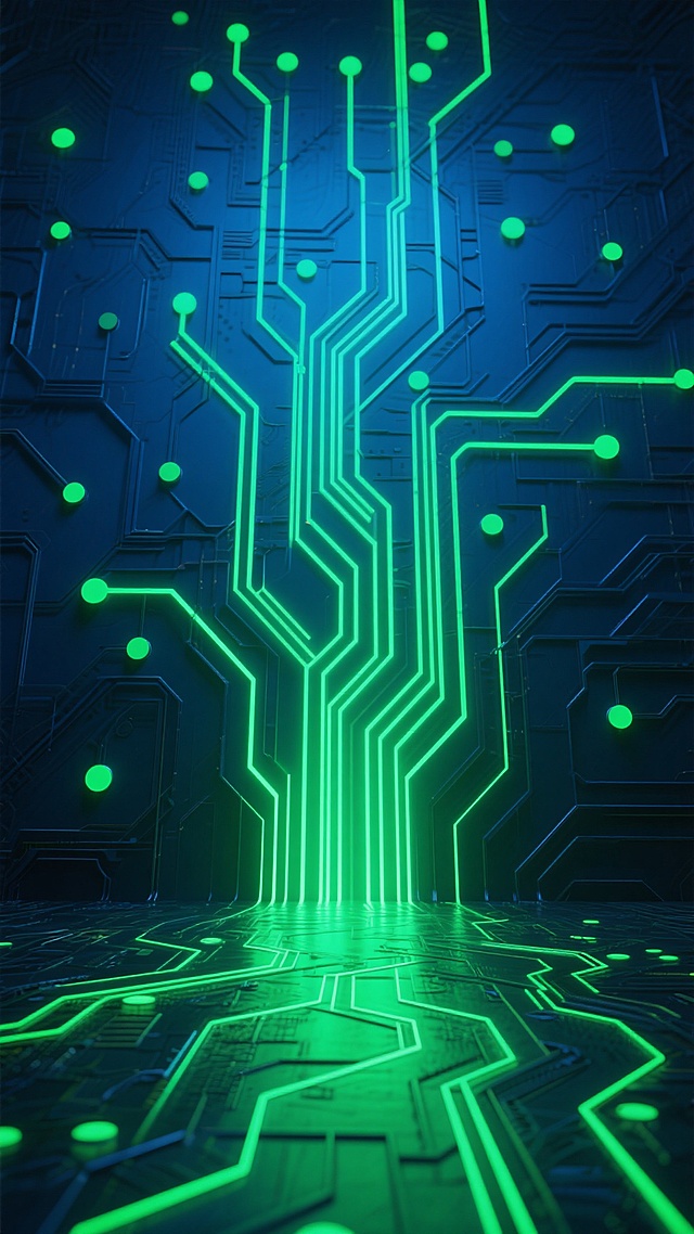 深蓝色背景下，由密集的发光绿色线条构成的未来科技感电路板图案，线条呈现出垂直与水平交错的复杂网络结构，地面布满发光绿色电路纹路，底部中央有明亮的绿色光源向上扩散，上方分布着大小不一的绿色光点，整体营造出深邃、神秘且充满科技感的氛围，光线从底部向上逐渐增强，形成强烈的视觉引导和空间纵深感。