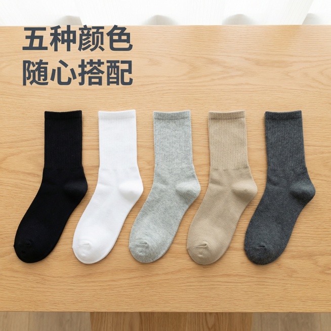[主图 3] 多色款式集合展示
[主图主题] 多色可选百搭袜子集合图
[氛围/风格] 简约整洁，规整陈列，清新自然
[画面元素] 黑色、白色、浅灰、卡其、深灰五种颜色的纯棉中筒袜整齐排列成一排，平铺在预览效果