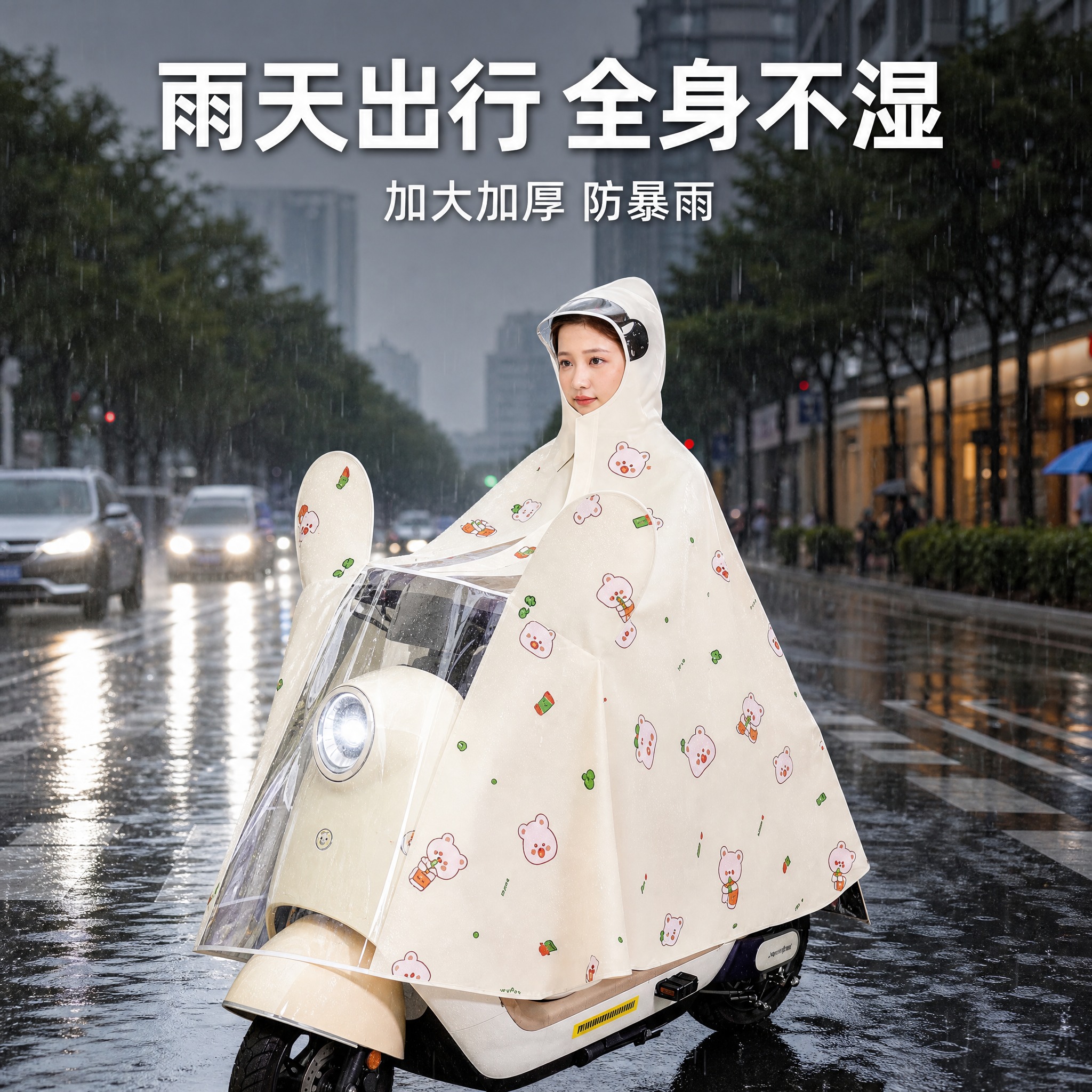 [主图-米色款-风格2] 场景沉浸风，雨天真实骑行场景。 [统… - 图片创意预览