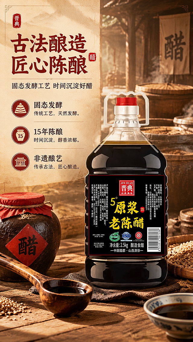 [商品] 使用【图1】晋典5°原浆老陈醋2.5kg桶装产品；保留桶身所有标签、Logo、文字、颜色与比例，产品正面清晰展示。
[画面] 目标：工艺品质专张，展示固态发酵、15年陈酿、非遗技艺三大品质背书。构图：左文右图，左侧40%为工艺说明文字区，右侧60%为产品主体+酿醋工艺场景合成；产品占画面45%，位于右侧中部；背景融入传统酿醋作坊大缸、竹编簸箕、发酵池等元素（虚化处理）；前景放置木质醋舀、陶瓷醋坛；≥3层视觉层次（工艺背景/产品中景/餐具前景）。
[视觉] 套系策略：风格=中式家常烟火气·商业美食摄影；标题字=书法宋体粗体；正文字=简洁黑体；主色=深酱红+暖木棕；背景延展=基于暖木棕做深浅层级、同色渐变和木质/宣纸纹理质感；强调色=朱砂红，仅用于小面积图标、引线、标签；标题色=深酱红；正文色=深棕灰；组件=圆角米白底信息卡、细线引线、传统印章式标签；光影=左前侧暖柔光，右后侧轮廓光，整体暖调通透。
[文字] 左侧上部主标题"古法酿造 匠心陈酿"（8字），副标题"固态发酵工艺 时间沉淀好醋"（12字）；下方3个工艺要点带icon：「固态发酵」「15年陈酿」「非遗酿艺」，每点配1行简短说明；所有文字横排，左对齐，字号保证手机端清晰可读，不遮挡产品。
[规格] 图片比例9:16竖版，4K，负向提示：避免变形、错字、文字过小、冷蓝背景、桶身标签错乱、现代工业流水线场景、产品比例失真。