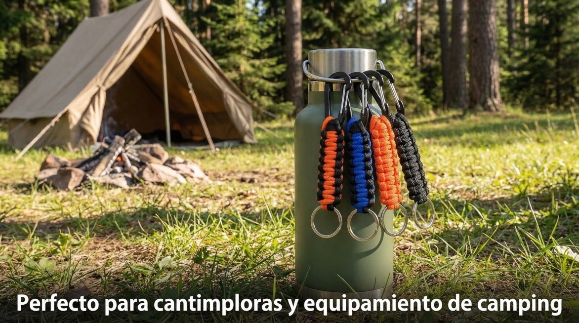 画面主体是图中的伞绳钥匙扣，挂在户外水壶的挂环上，背景是户外露营的草地场景，添加西班牙语文案“Perfecto para cantimploras y equipamiento de camping”预览效果