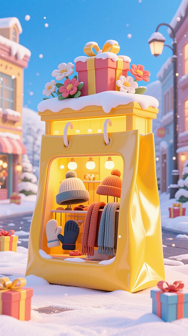 黄色购物袋，内部是一家店铺（秋冬帽子、围巾、手套等），暖黄灯光。购物袋顶部有覆着雪的礼盒、花朵。周围点缀礼盒，冬日雪景街道背景，蓝天