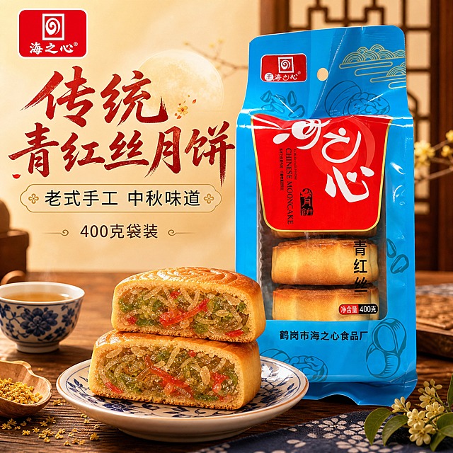 [主图-1] 海之心青红丝月饼首图，突出传统老式月饼的食欲感与中秋氛围。
[统一基调] 国内电商食品风格，暖色调为主，背景采用温馨中式氛围，主标题用厚重书法体，辅助文字用清爽黑体，整体温暖有食欲。
[画面] 产品包装袋居中偏右，占画面约60%，包装袋完整展示，蓝色包装上的红色标签清晰可见。包装袋前方摆放2块切开的青红丝月饼，展示内部青红丝馅料纹理，月饼表面金黄油亮，有诱人光泽。背景为暖木色餐桌，搭配中式青花瓷盘、一杯热茶、干桂花等中秋元素，营造传统中秋食用场景。左上角放置海之心品牌logo。
[光影质感] 自然暖光从左上方照射，月饼表面有柔和高光，馅料纹理清晰，整体温暖通透，商业摄影质感。
[配色] 主背景暖木色+米白渐变，标题字色朱红+金色点缀，辅助文字深棕色。
[文字版式] 左侧大标题"传统青红丝月饼"，副标题"老式手工 中秋味道"，下方小字"400克袋装"。文字放在左侧负空间，不遮挡产品主体。
[输出要求] 比例1:1，高清2K，产品清晰完整，文字清晰可读。禁止出现正品保证、破碎包赔等服务承诺类字样。负向：变形、错字、模糊、杂乱、水印、平台Logo、悬浮、穿模。