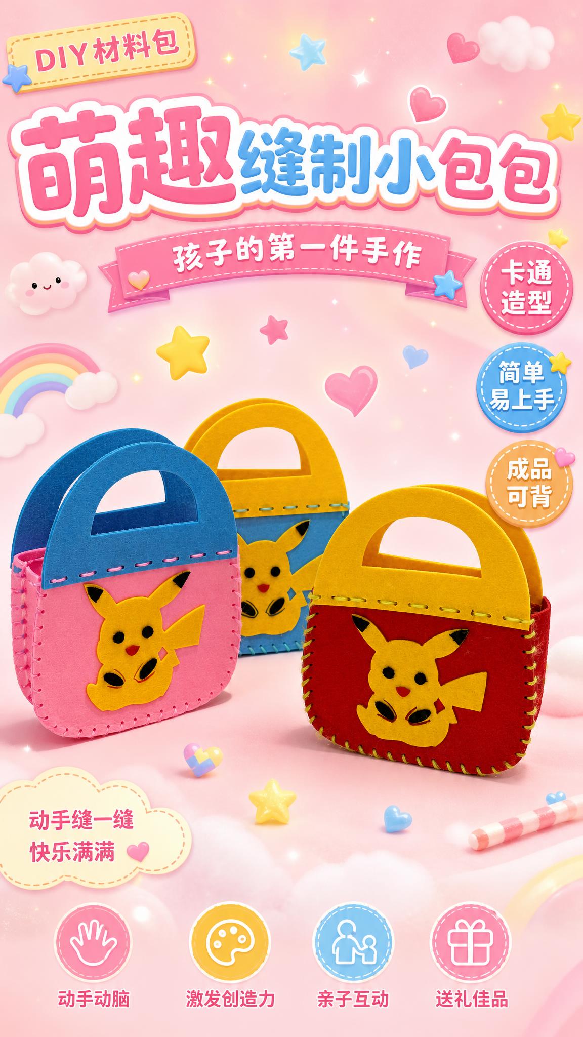 儿童DIY手工缝制毛毡手提包商品海报，竖版9:16。画面中央偏… - 图片创意预览