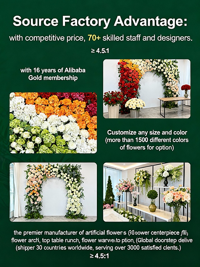 -Source Factory Advantage: with competitive price, 70+ skilled staff and designers.
-with 16 years of Alibaba Gold membership
--Customize any size and color (more than 1500 different colors of flowers for option)
the premier manufacturer of artificial flowers (flower centerpiece, flower wall, flower arch, top table runner, flower walkway, flower bouquets ) 
--Global doorstep delivery (shipped to over 30 countries worldwide, serving over 3000 satisfied clents.)帮我用以上信息和图片做一张海报,比例是3:4,整体要有设计感，底色是深绿色