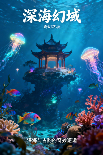 古风古建筑与深海生物创意融合奇幻海报，中式传统亭台楼阁悬浮在幽蓝深海中，周围环绕发光的水母、色彩斑斓的热带鱼、珊瑚等深海生物，光影朦胧梦幻，充满奇幻氛围感，视觉效果惊艳预览效果