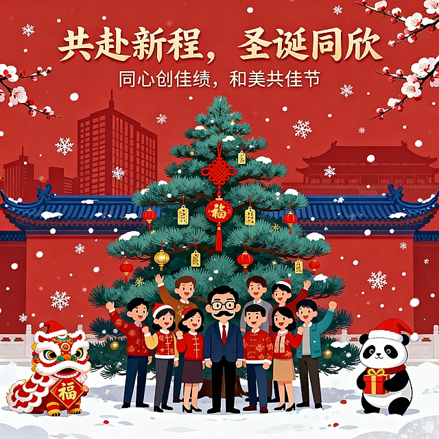 图片背景色为中国红，背景为现代办公楼与中式飞檐结合的剪影，圣诞树以青松造型呈现，悬挂红色中国结、小灯笼与金色平安符作为装饰。四周飘落雪花与梅花。
树前是公司团队身着节日服饰开心的卡通合影，团队中间是位男士，戴眼镜，八字胡。角落两边放置戴着圣诞帽的醒狮头，手持“福”字。和带圣诞帽的熊猫抱着礼物盒。
主标题“共赴新程，圣诞同欣”副标题“同心创佳绩，和美共佳节”
主色调：故宫红、暖金、月白
点缀色：松绿、靛蓝（凸显中国风清雅与节日浓郁对比）