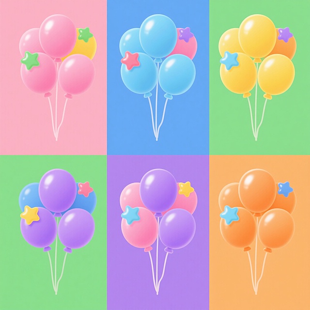 一系列6个规整排布的卡通风格气球插画，保持相同的圆润造型、高光效果、彩色星星装饰和气球束结构，每个元素采用纯色背景并变换整体色彩方案，包括粉色系、蓝色系、黄色系、绿色系、紫色系和橙色系，维持明亮欢快的氛围和平面设计感，元素内容完全一致仅色彩不同，整齐排列形成系列素材集合。