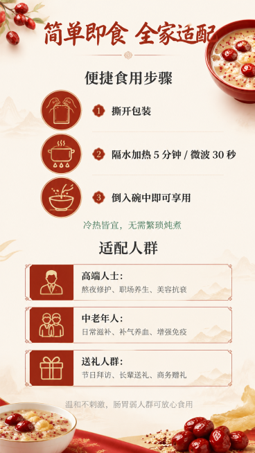 9:16详情页第4页，布局：页面顶部居中是主标题，文字为"简单即食 全家适配"，毛笔书法体，60px字号，颜色#A83A36；主标题下方是食用指南标题，文字为"便捷食用步骤"，思源宋体粗体，40px字预览效果