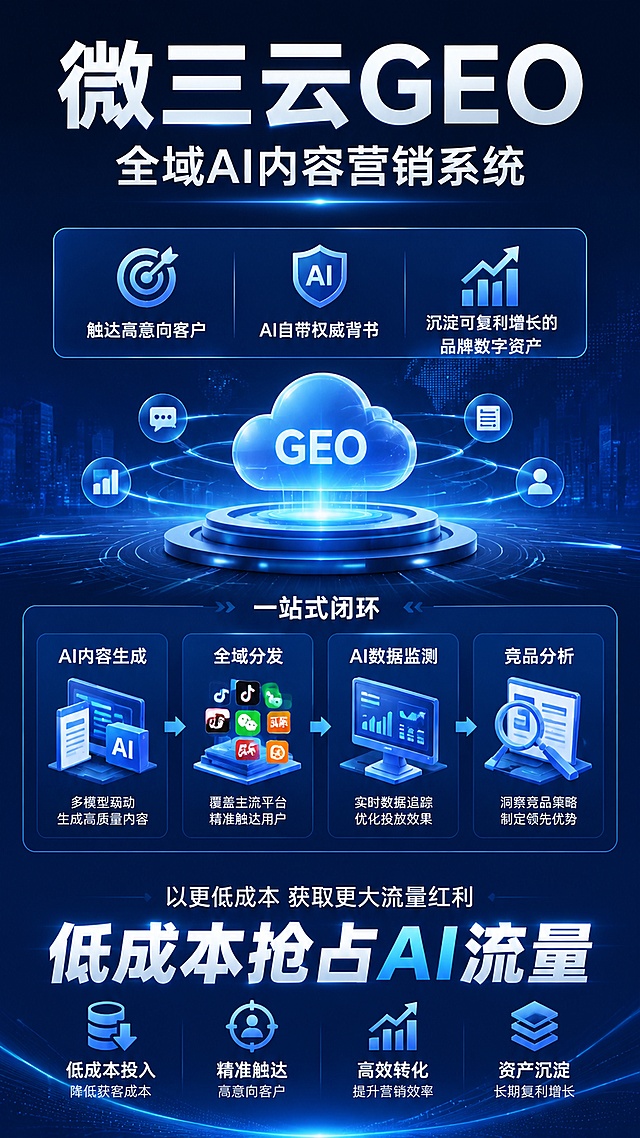 科技商业风格宣传海报，9:16，画面主标题为"微三云GEO"，副标题为"全域AI内容营销系统"，核心标语为"触达高意向客户 AI自带权威背书 沉淀可复利增长的品牌数字资产"，下方板块介绍一站式闭环：AI内容生成→全域分发→AI数据监测→竞品分析，突出"低成本抢占AI流量"，版式精美，简约科技蓝配色，清晰信息分区，所有文字清晰可读，专业商务科技背景，4K画质
