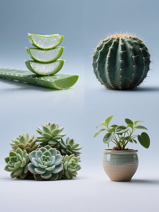 高清晰产品摄影风格，纯色背景，整体色彩变换，保持原写实光影质感与构图美学，系列素材集合规整排布，包含四类不同元素内容：左侧上方为新鲜芦荟切片堆叠与完整叶片，展现透明凝胶质感；右侧上方为球形仙人掌，带尖锐刺座与深绿色棱纹；左侧下方为多肉植物组合，含饱满肥厚的叶片与莲座状排列形态；右侧下方为盆栽绿植，包含陶瓷花盆与健康舒展的枝叶，所有元素保持相同高分辨率细节、自然高光反射和清晰纹理，画面干净简洁，无文字及多余装饰。