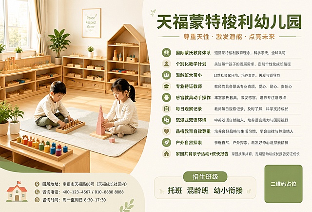 参照参考图的简约风格，生成天福蒙特梭利幼儿园招生海报，整体色调干净简约，偏温馨自然风格。左侧为蒙特梭利教室实景，摆放木质蒙氏教具，两个小朋友安静玩耍；右侧为信息区，主标题"天福蒙特梭利幼儿园"，副标题"尊重天性·激发潜能·点亮未来"，列出特色卖点：国际蒙氏教育体系、个别化教学计划、混龄班大带小、专业持证教师、感官教具动手操作、每日观察记录、沉浸式双语环境、品格教育自律尊重、户外自然探索、家园共育亲子活动+成长报告，标注招生班级"托班 混龄班 幼小衔接"，右下角放置纯色方块二维码占位符，标注"二维码占位"。保持横版3:2比例，版式简约大气，文字清晰，所有文案完整准确呈现，不要过度卡通装饰。画面中所有二维码区域使用纯色方块占位符呈现，方块中央标注"二维码占位"文字，严禁生成任何可识别的二维码图案。画面中所有信息区域必须填充完整合理的内容，不得出现空白框、占位符。