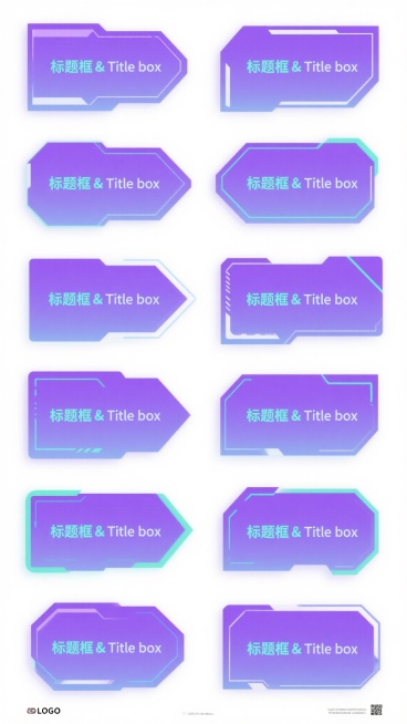一组16个现代科技感标题框设计集合，每个标题框均包含“标题框 & Title box”文字，采用统一的扁平数字设计风格，线条流畅锐利，具有半透明渐变效果和微妙的高光处理，整体呈现出简洁明快的视觉效果。所有标题框以网格形式整齐排列，保持原有的形状、结构、布局和设计元素（如箭头、菱形、线条装饰等），但将原有的蓝绿色调统一替换为优雅的紫色渐变，从浅紫到深紫过渡自然，营造出神秘而高端的科技氛围，背景为……预览效果