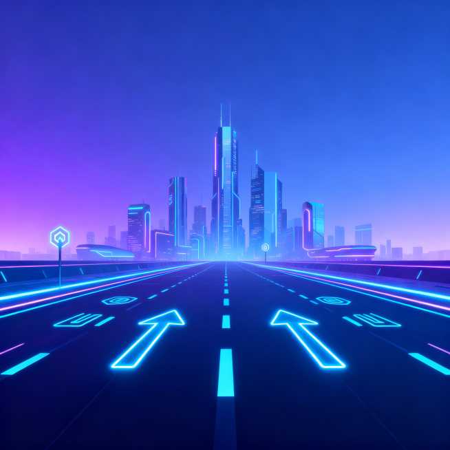 充满未来科技感的智能道路背景，城市中延伸的智能道路搭配发光智能交通标识，远处有未来感摩天大楼，赛博风格霓虹蓝紫渐变色调，科技感十足，适合作为登录页背景，画面干净简洁预览效果