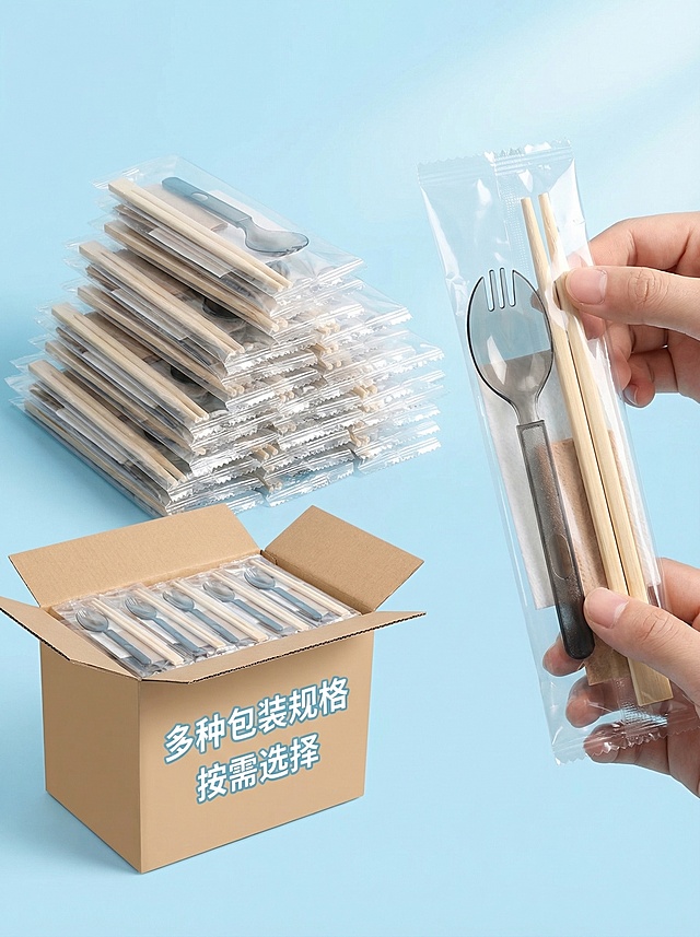 一次性筷子四件套包装展示图，小清新风格，浅蓝渐变背景，展示多包产品堆叠、单包撕口设计、整箱包装样式，文字标注“多种包装规格 按需选择”，字体用圆体，突出包装的实用性和密封性