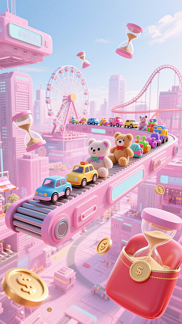 画面中心是悬空的传送带上的各类玩具商品。城市背景，未来科技感的空中物流，点缀悬浮小沙漏、红包、金币，游乐园背景，粉色色调