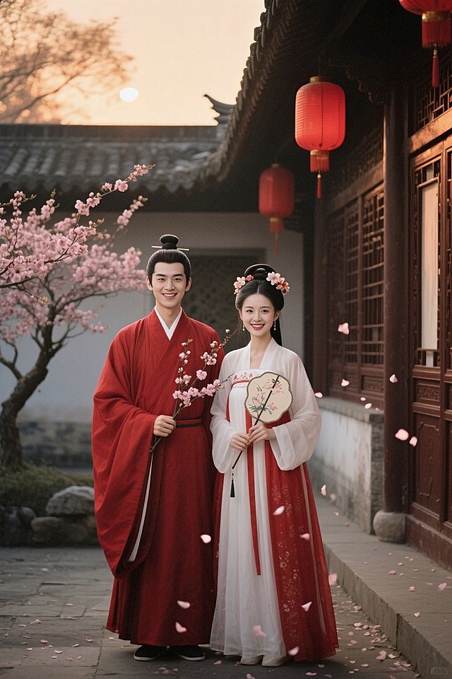 古风情侣写真，男子束发，身着红色古风长袍，女子梳发髻、插花朵，穿红白配色古风裙装。古代庭院背景，有传统门窗、黄昏暖光、红色灯笼、一棵桃花树。男生手拿桃花枝，女主手持精致团扇。飘落花瓣增添意境。两人面带微笑自然地看向镜头。