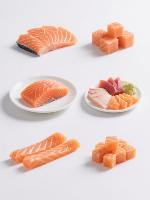 高清摄影风格的三文鱼系列素材集合，纯白纯色背景，6个完全不同造型的三文鱼元素规整排布，保持三文鱼橙红色的新鲜色泽、细腻纹理和湿润光泽感，每个造型均为高清晰度、写实质感：包含三文鱼切片（带有清晰脂肪纹路的扇形切片）、三文鱼切块（大小均匀的立方体块状）、盘装三文鱼（精致圆形白瓷盘盛放的三文鱼排）、三文鱼刺身拼盘（不同厚度切片组合）、三文鱼条（长条形切件）、三文鱼丁（小方丁状），整体构图对称平衡，光……预览效果