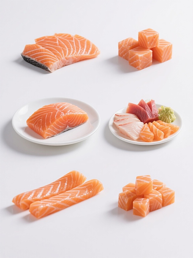 高清摄影风格的三文鱼系列素材集合，纯白纯色背景，6个完全不同造型的三文鱼元素规整排布，保持三文鱼橙红色的新鲜色泽、细腻纹理和湿润光泽感，每个造型均为高清晰度、写实质感：包含三文鱼切片（带有清晰脂肪纹路的扇形切片）、三文鱼切块（大小均匀的立方体块状）、盘装三文鱼（精致圆形白瓷盘盛放的三文鱼排）、三文鱼刺身拼盘（不同厚度切片组合）、三文鱼条（长条形切件）、三文鱼丁（小方丁状），整体构图对称平衡，光线明亮柔和，突出三文鱼的新鲜质感和诱人色泽，无任何文字、LOGO或装饰元素。