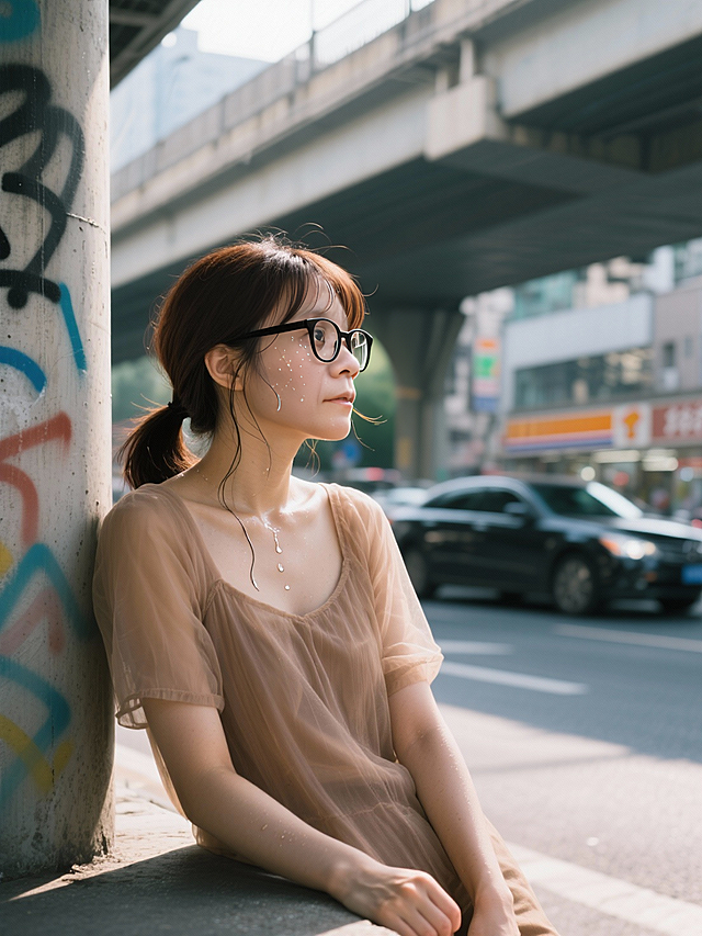 城市街头的胶片风写真，光影交错间透出柔和文艺感，涂鸦墙与行人匆匆形成对比，营造出清新舒适的城市诗意。