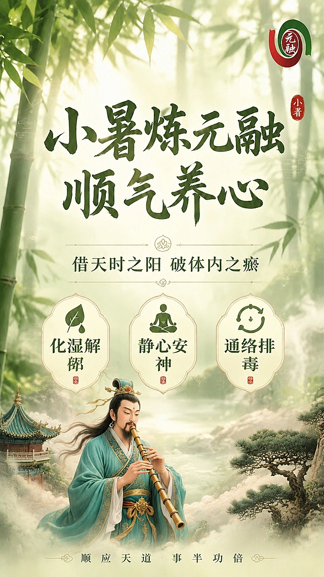 将原海报底部竹编托盘的配图替换为上传的古风仙人吹箫图，保留原海报所有文案内容、排版结构和整体风格不变，在图片右上角添加元融LOGO，保持整体国风禅意养生调性，配色与原图协调一致，文字保持清晰可读，版式精美，9:16竖版
