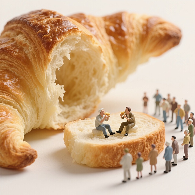 一颗巨大的牛角包被撕开，两个小人坐在吃面包，边站满围观的小人，小人特写，高分辨率细节显示牛角包质感，微型食物摄影