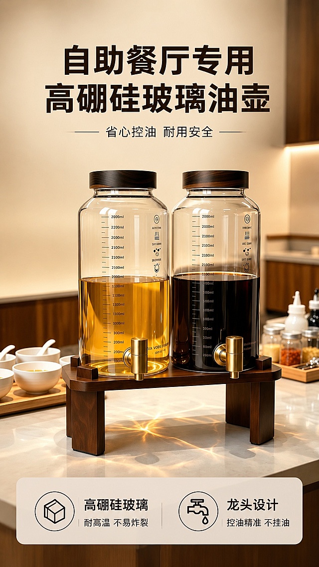 [第1屏] 淘宝天猫电商详情页头图-自助餐厅油壶产品海报。本屏使用【图1】作为商品主体。
[氛围/风格] 现代简约厨房风，暖调温馨氛围，高端商业摄影质感。
[元素布局] 油壶双瓶套装放置在画面中心，主体占比约65%-70%，背景为简约厨房台面与木纹饰面墙，整体突出产品玻璃通透质感与金色龙头设计，保留原有产品结构、材质和双瓶套装配置与输入一致。
[光影质感] 前方柔光照明，台面形成自然柔和投影，玻璃壶身保留高光通透感，整体明亮干净，明暗层次清晰。
[配色色系] 全局底色 #f3efe8，主色为原木棕+透明玻璃，辅助色为金色龙头点缀，深木色瓶盖压重。
[视角构图] 正面平视45°斜拍，产品为绝对视觉中心，阅读动线从上到下。
[文字版式] 版式为顶部标题区 + 中心产品 + 底部卖点信息条。主标题「自助餐厅专用高硼硅玻璃油壶」，副标题「省心控油 耐用安全」，顶部粗黑体居中；底部左侧标注卖点「高硼硅玻璃」，右侧标注「龙头设计」，文字清晰不遮挡主体。
[比例分辨率] 9:16竖版比例，4K分辨率，文字清晰可辨，高清画质。
[负向提示词] 变形，缺件错件，颜色偏差，结构错误，包装文字错乱，产品图模糊，水印，文字错乱，文字过小