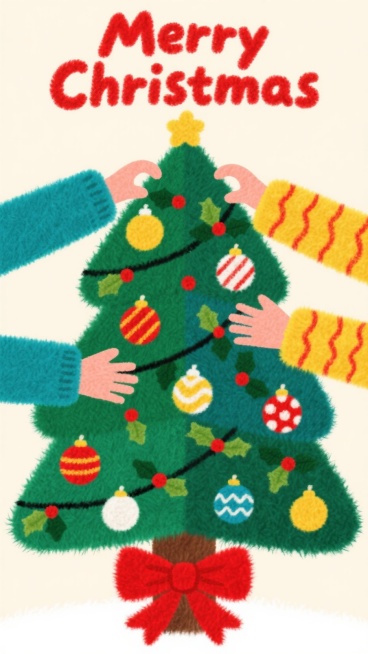 顶部呈现红色花体字 “Merry Christmas”；主体是两只手（分别着蓝绿色衣袖、黄色带红纹衣袖）协作装饰圣诞树，树上挂满多彩装饰球（含红、黄、白等纹样）、冬青果，底部饰大红色蝴蝶结。色彩以红、预览效果