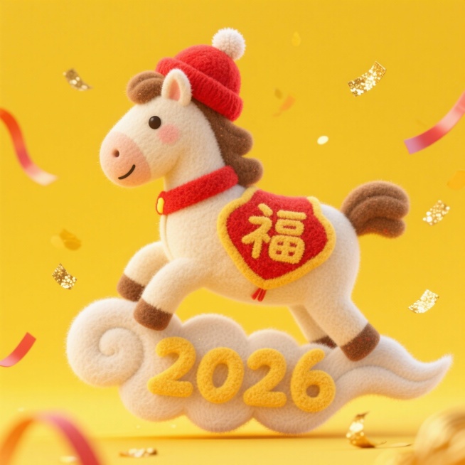 戴绒球红帽的卡通小马，穿绣 “福” 字新年装，踩在祥云上，“2026” 嵌在祥云纹里，明黄背景落金粉彩带预览效果