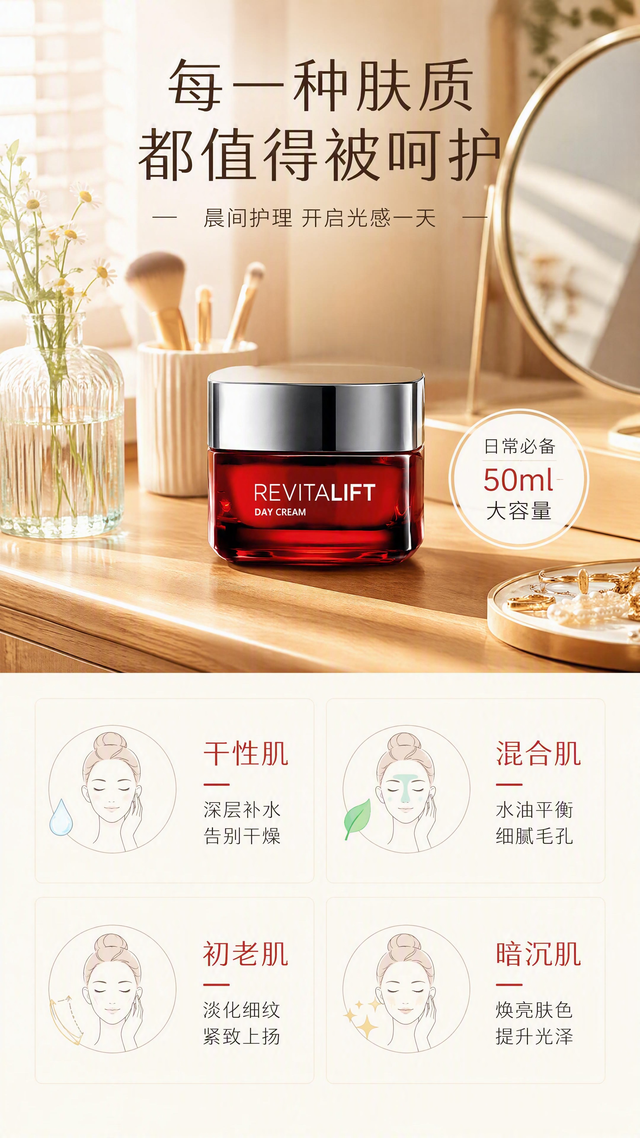 [第7张] 详情页第七张——适用肤质与日常场景。本张使用【图1… - 图片创意预览